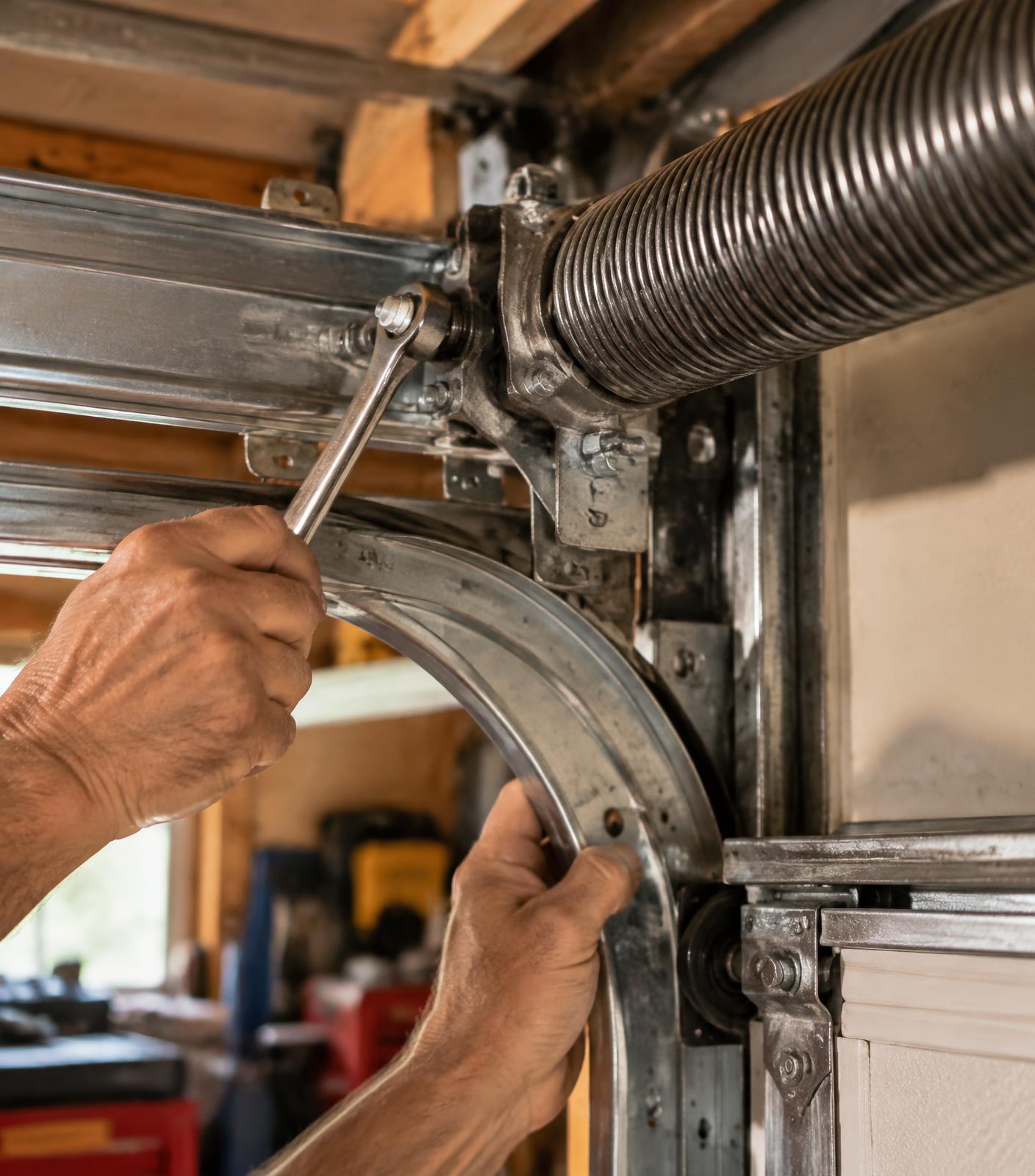 Technician adjusting a garage door spring and track