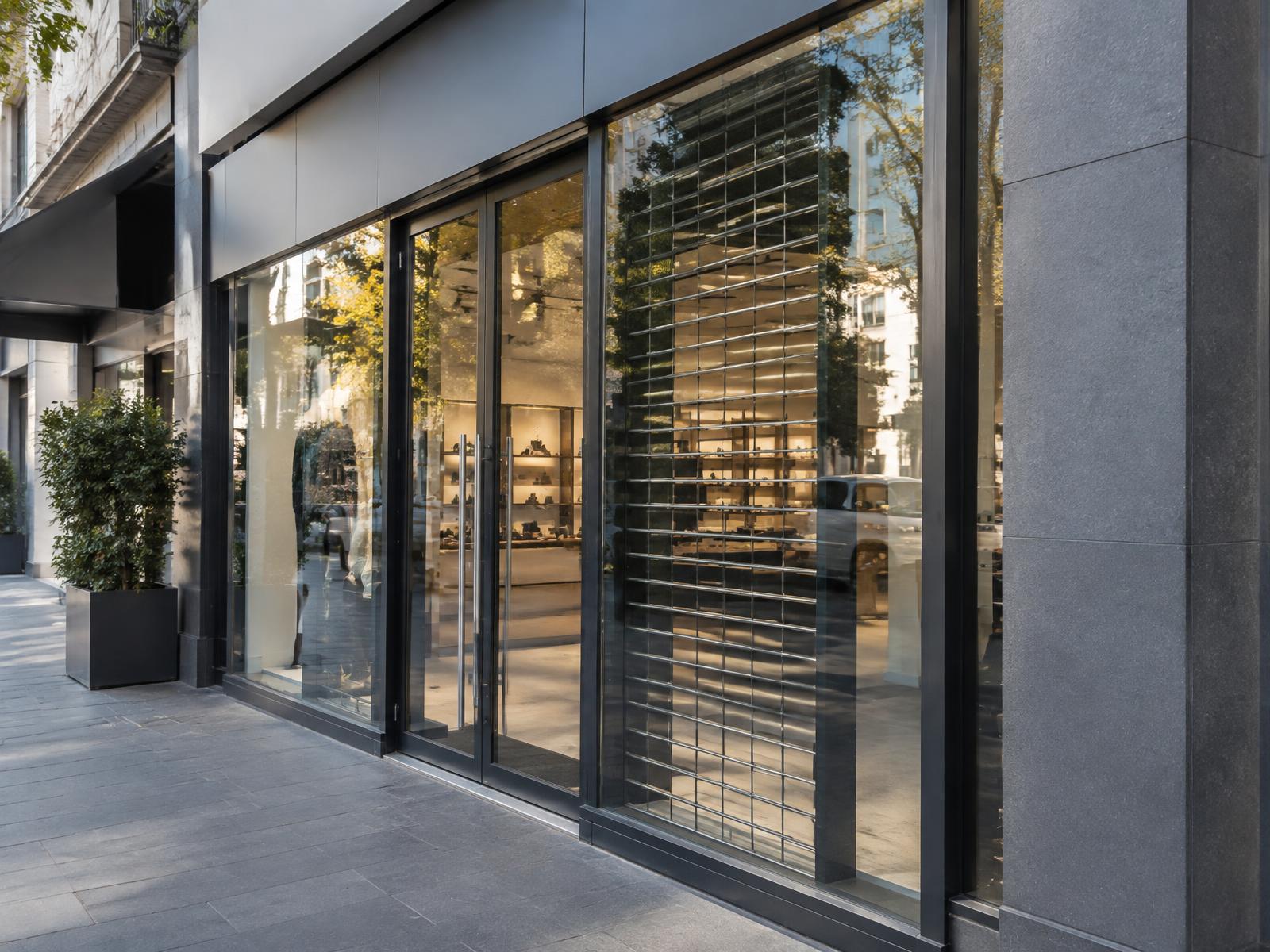 Aluminium shop front doors with a security grille behind the glass